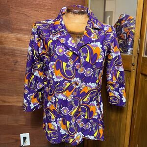 VINTAGE 70s Mod Floral Disco Shirt Size S Psychadelic 3/4 Sleeve Flower Power